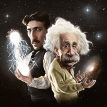 a cartoon of einstein and nikola tesla with lightning coming out of their hands