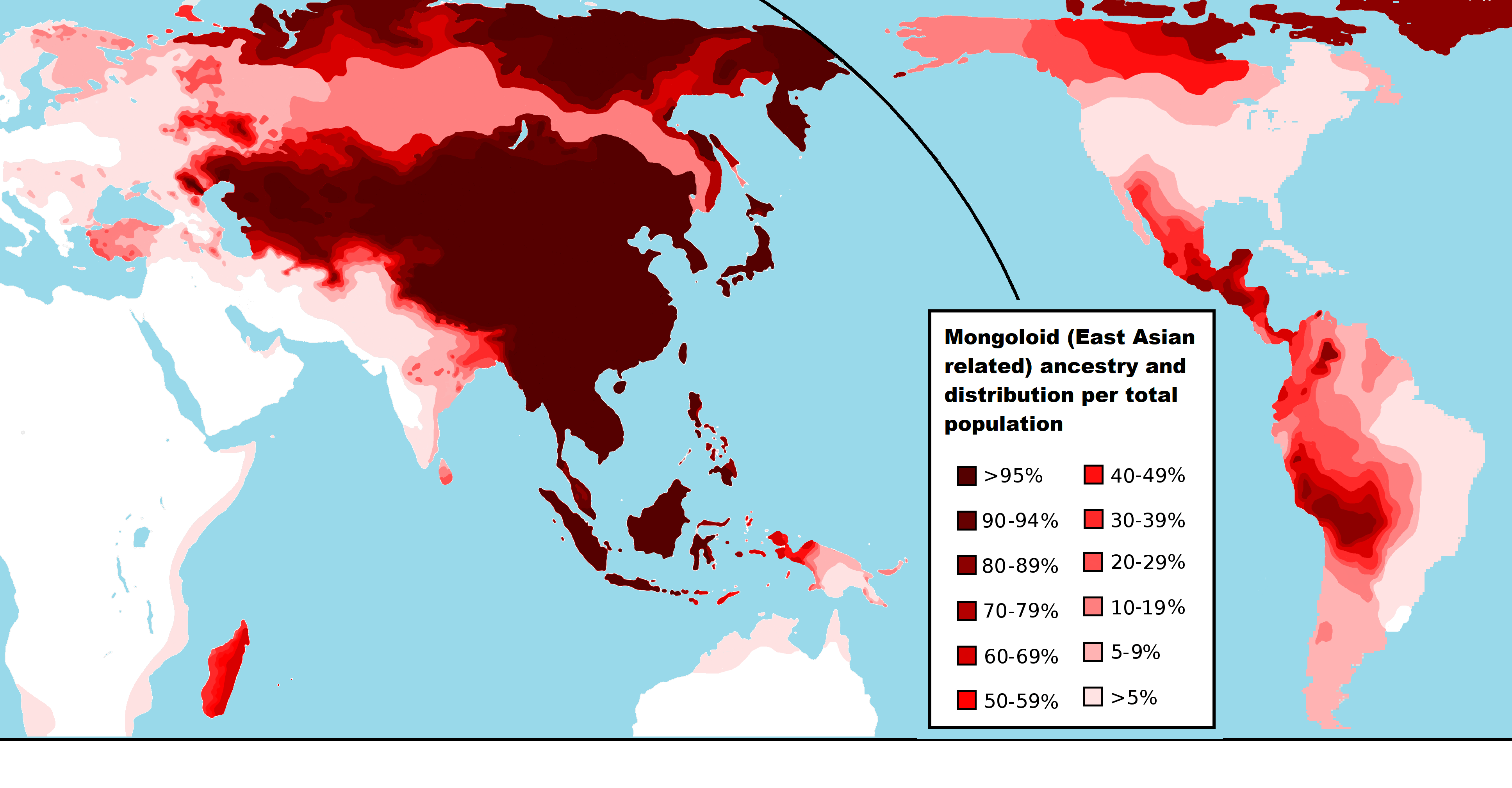 I found an interesting map about East-Eurasian ancestry (Mongoloid) of  modern worldwide populations. : r/MapPorn