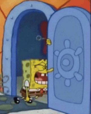 a cartoon character named spongebob is opening a blue door