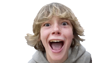 a young boy with long blonde hair is making a funny face with his mouth open