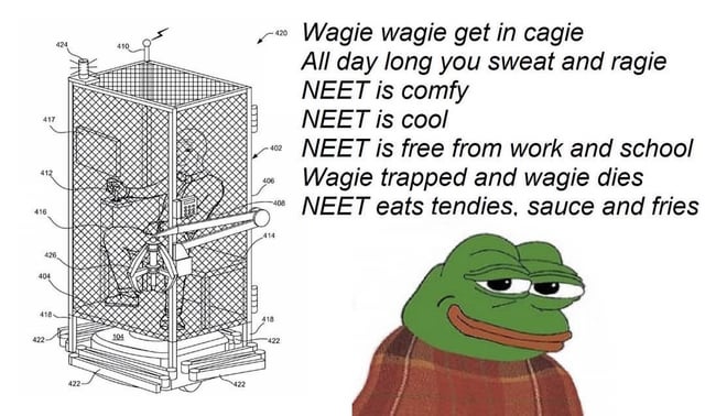 r/NEET - Wagie wagie get in cagie. All day long you sweat and ragie. NEET is comfy. NEET is cool. NEET is free from work and school. Wagie trapped and wagie died. NEET eats tendies, sauce, and fries.