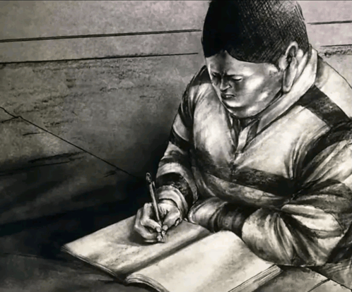 a black and white drawing of a person writing in a notebook