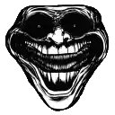 a black and white drawing of a troll face with big teeth and a big smile .