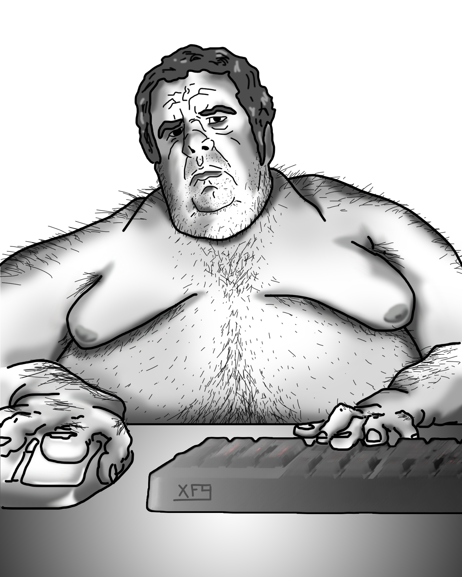 My brother asked me to make him a Wojak of a shirtless man at his computer...  and I may have gone a little extra on the detailing. : r/MeatCanyon
