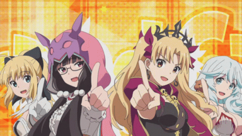 a group of anime characters are posing for a picture and one of them is wearing a purple mask