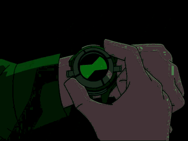 a green light is shining on a person 's hand in a cartoon