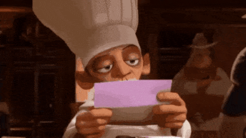a cartoon chef is holding a piece of paper in his hands and looking at it .