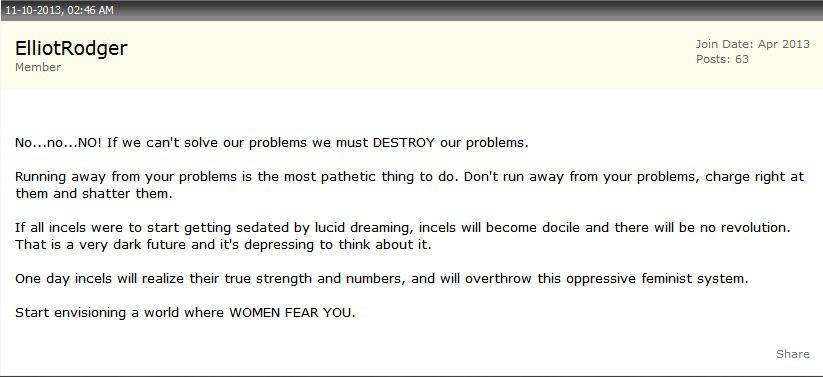 Elliot Rodger post on bodybuilding.com : masskillers