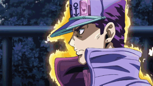 a cartoon character wearing a purple jacket and a purple hat with the letter e on it