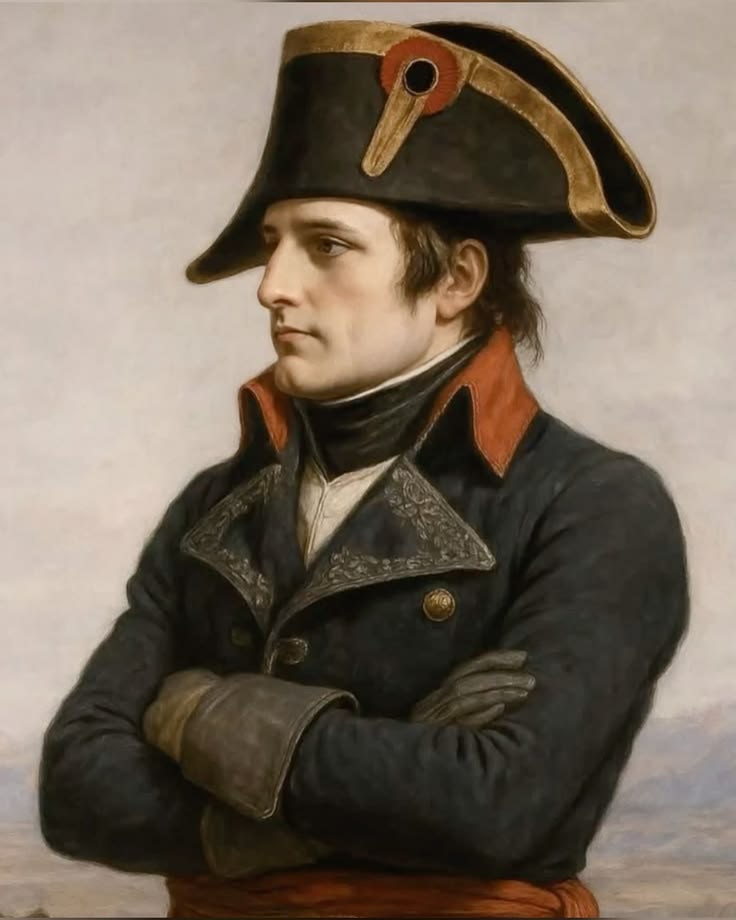 This may contain: a painting of a man wearing a black hat and coat with his arms crossed, looking to the side