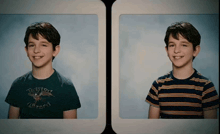 two pictures of a boy wearing a t-shirt that says twister hazard