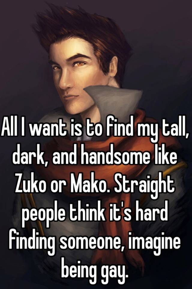 All I want is to find my tall, dark, and handsome like Zuko or Mako.  Straight people think it's hard finding someone, imagine being gay.