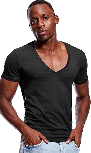 Deep V Neck T Shirt for Men Low Cut Vneck Tee Invisible Tshirt Vee Top Scoop Hem