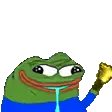 a green frog is holding a gold trophy in his hand and making a funny face .