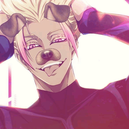 a man with a dog mask on his face is smiling and sticking out his tongue