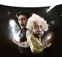 a drawing of einstein and nikola tesla with a speech bubble above them