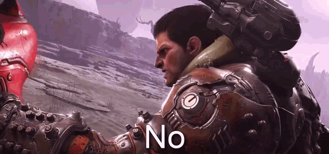 a video game character with the word no written on the bottom