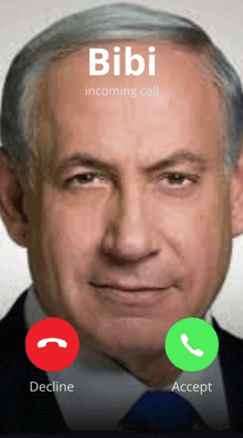 a man in a suit and tie is talking on a phone with the name bibi on the screen