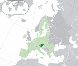 Location of Austria (dark green) – in Europe (green & dark grey) – in the European Union (green)  –  [Legend]