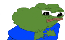 a cartoon frog wearing a blue shirt is hugging another frog .
