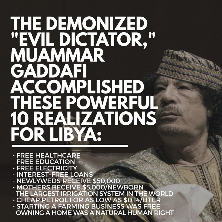 This may contain: an advertisement for the demonized evil dictator, gaddafi accomplished these powerful 10 real nations for liya