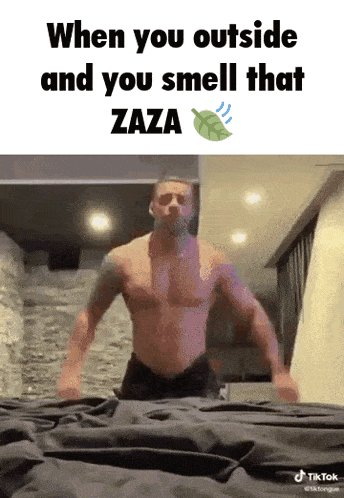 a shirtless man is standing on a bed with the caption when you outside and you smell that zaza .