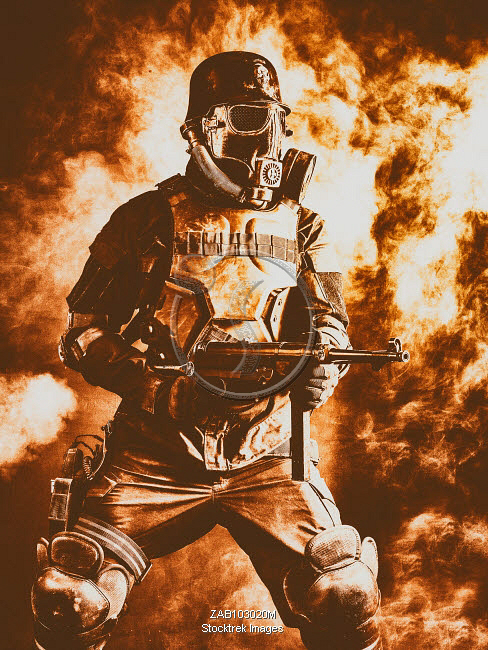 Futuristic Nazi soldier wearing a gas mask and holding a submachine gun in  fire and smoke. | Stocktrek Images