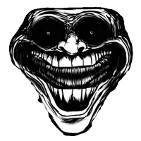 a black and white drawing of a troll face with a big smile