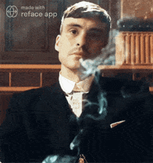 a man in a suit and tie is smoking a cigarette with smoke coming out of his mouth