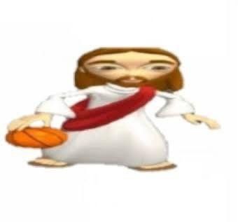 This may contain: jesus holding a basketball in his right hand and wearing a red scarf around his neck