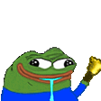 a green frog is holding a gold trophy in his hand and making a funny face .