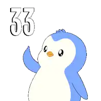 a blue and white penguin with the number 33 on its head