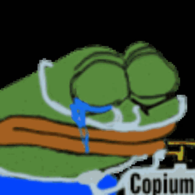a pixel art of a frog crying with copium written on the bottom