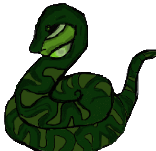 a cartoon drawing of a green snake with a white background .