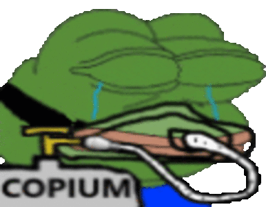 a cartoon frog is crying and has the word copium on it