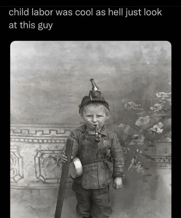 This may contain: an old black and white photo of a little boy holding a baseball bat with the caption child labor was cool as hell just look at this guy