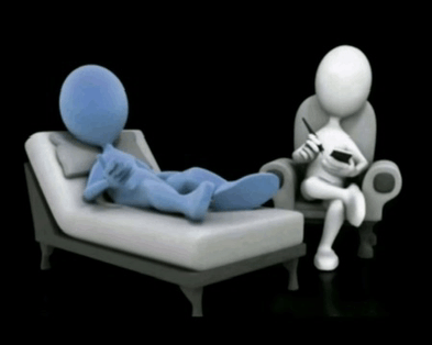 a blue figure is laying on a couch while a white figure sits in a chair holding a pen
