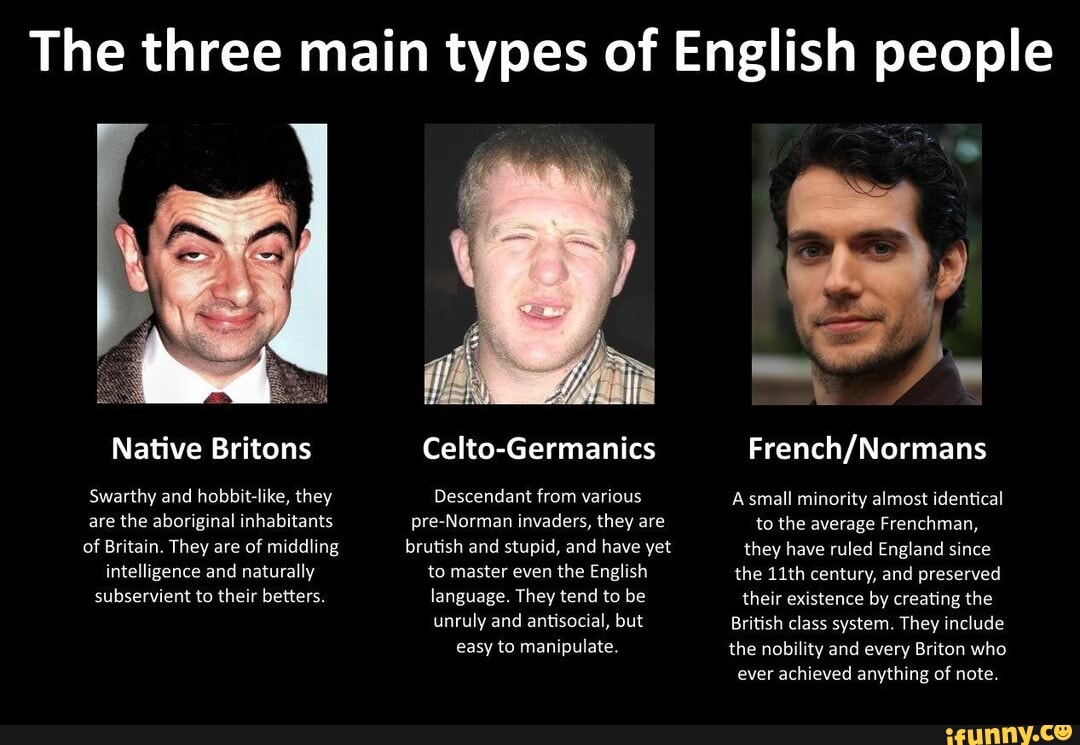 The three main types of English people Native Britons Swarthy and  hobbit-like, they are the