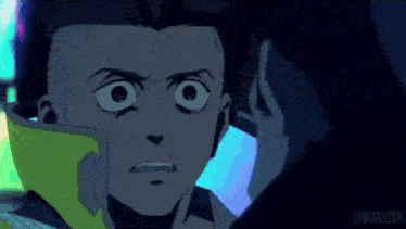 a close up of a cartoon character 's face looking at another character .