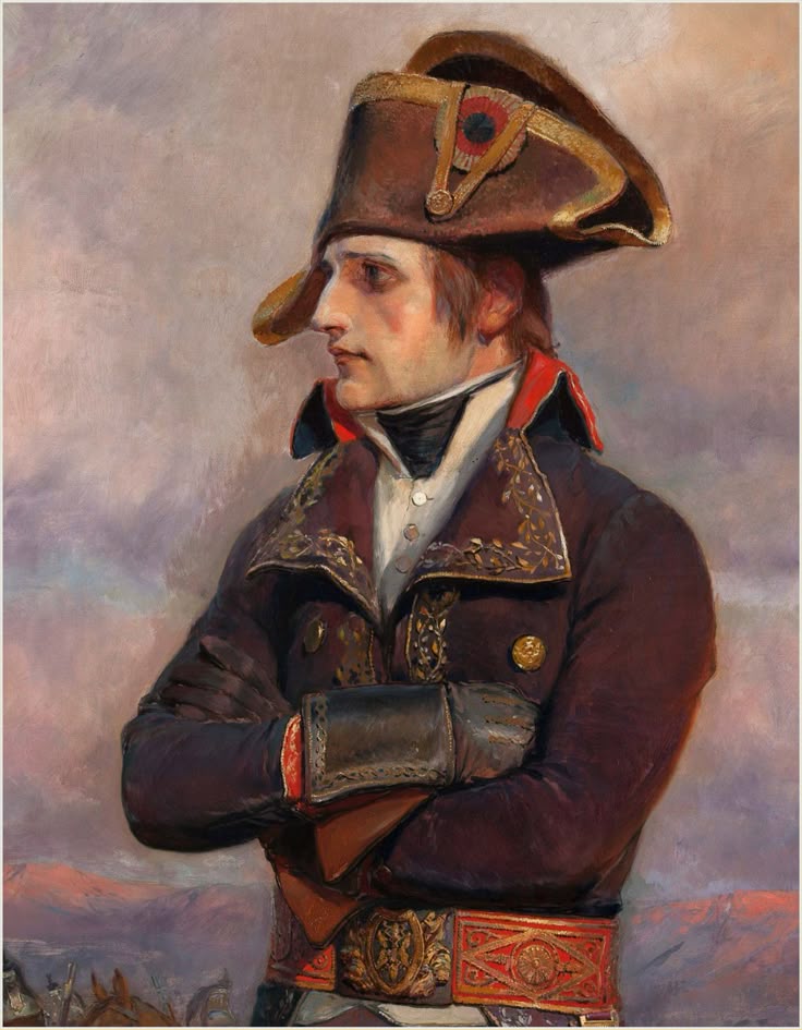 This may contain: a painting of a man in uniform with his hand on his hip and looking to the side