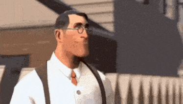 a cartoon character is wearing glasses and suspenders and standing in front of a building .