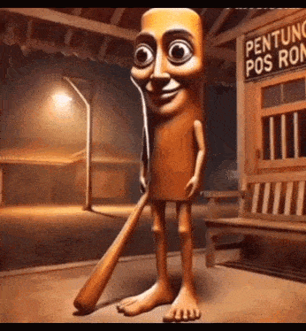 a cartoon character is holding a baseball bat in his hand .