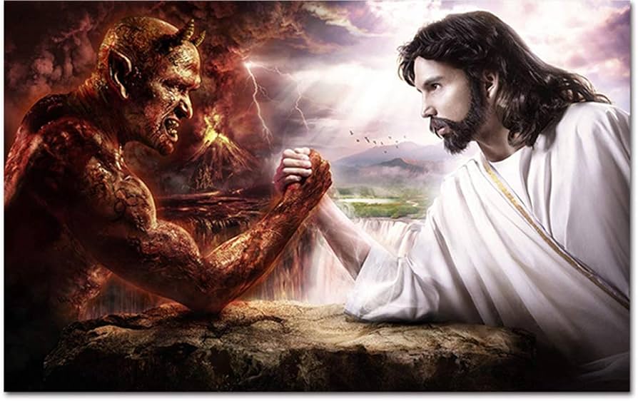 Jesus VS Devil Picture Framed Wall Decor Jesus Fights Satan Wall Art for  Bedroom Office Framed Ready to Hang