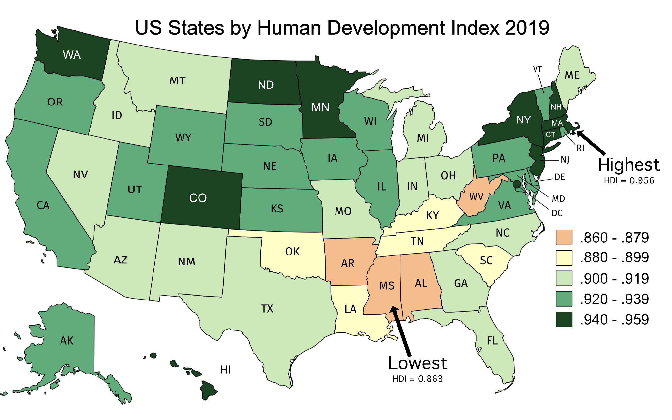 US States by Human Development Index : r/MapPorn