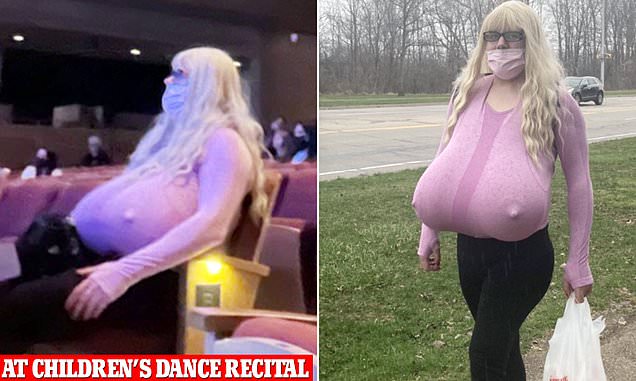 Kayla Lemieux, trans teacher with Z-cup breasts, seen in the audience at children's dance