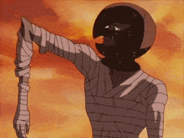 a cartoon character with a bandaged arm is standing in front of a cloudy sky