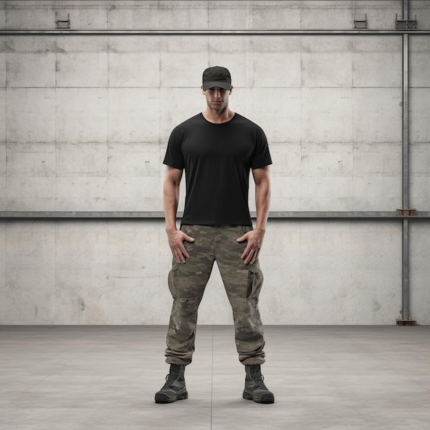Premium Photo | Arafed man in black shirt and camo pants standing in a room  generative ai