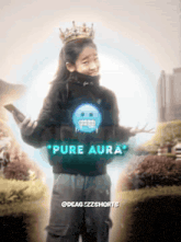 a girl with a crown on her head is wearing a pure aura shirt
