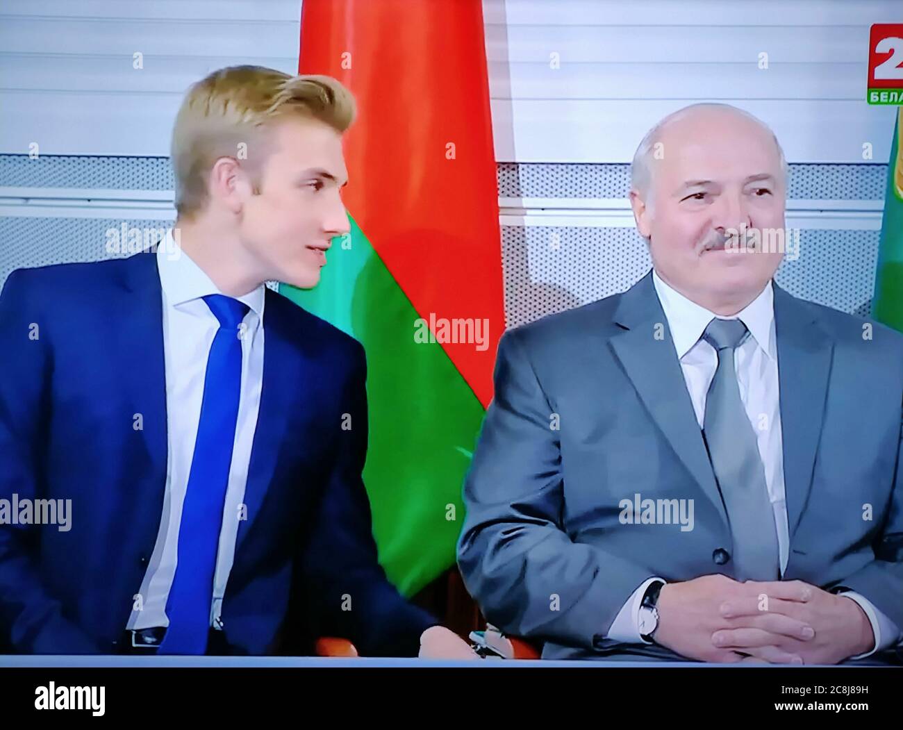 President of Belarus Alexander Lukashenko with his son Nikolai at the song  festival Slavyansky Bazar 2020 in Vitebsk (Belarus). Shooting from the TV  screen Stock Photo - Alamy