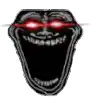 it looks like a troll face with red eyes and a huge mouth .